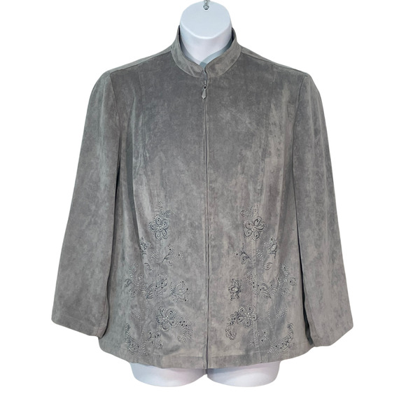 3-FOR-$30 Alfred Dunner Plus Sz 16W Jacket Zip-Up Paisley Embroidery Gray Suede - Picture 1 of 9